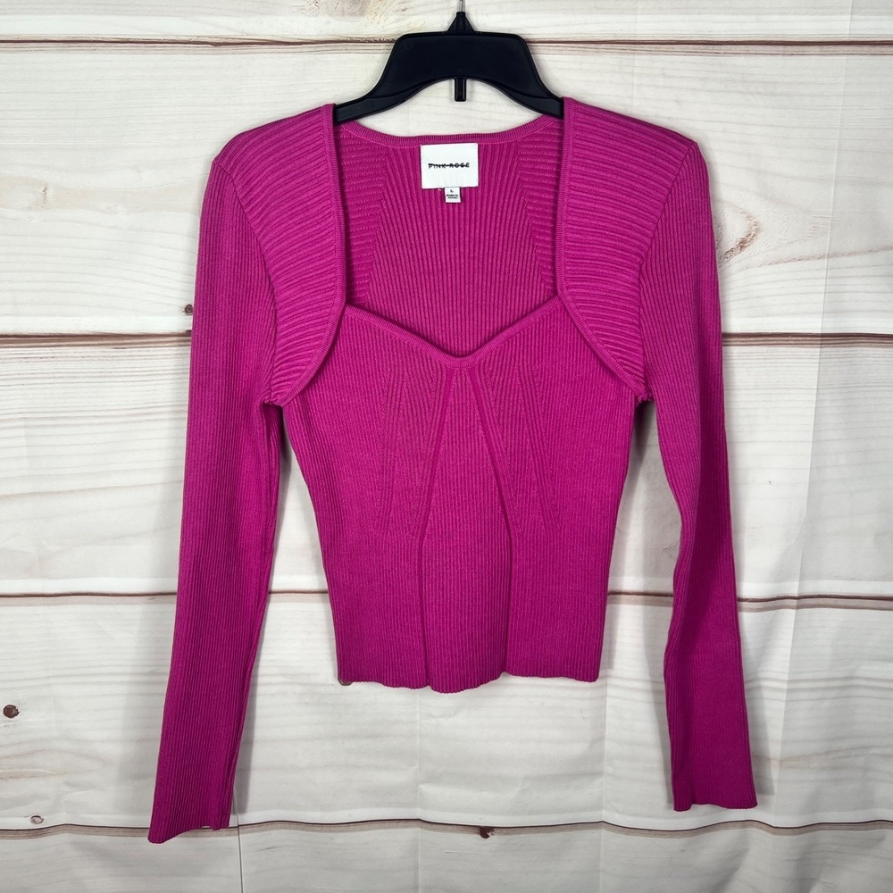 Pink Rose Sweater Womens Large Pink Rib Knit Slim Fit Cropped Sweetheart Solid